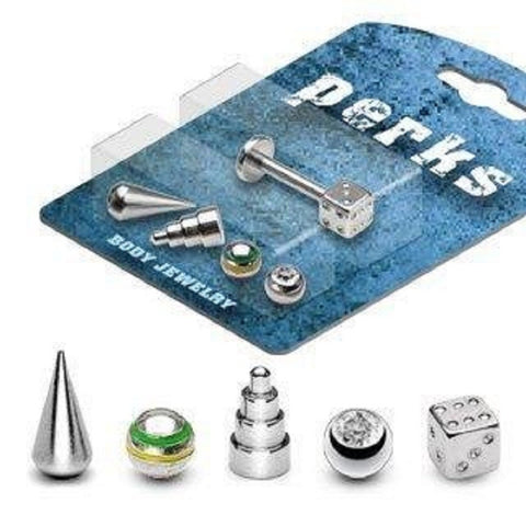 Labret Monroe Lot Assorted Cone Dice CZ Balls Bonus Package w/1 14G 3/8" Shaft and 5 Interchangeable Assorted Body Accentz&reg;