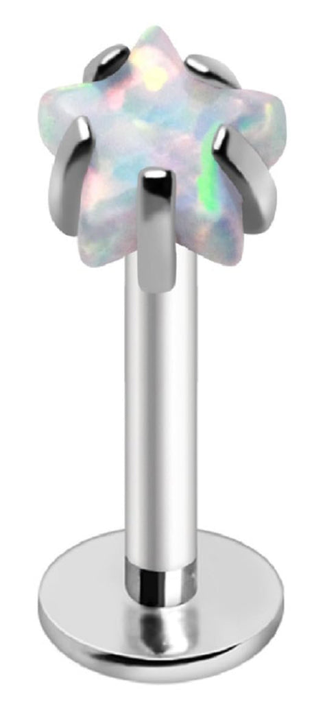 Body Accentz 16 Gauge Labret Monroe Piercing with White Opal Star Top, Internally Threaded Flat Back Stud, 8mm Bar Length, 3mm Prong Set Synthetic Opal