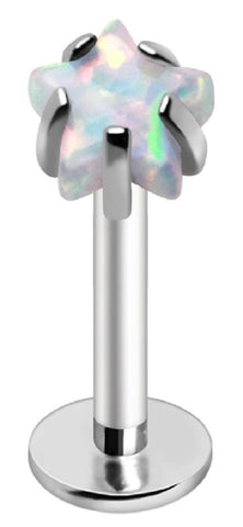 Body Accentz 16 Gauge Labret Monroe Piercing with White Opal Star Top, Internally Threaded Flat Back Stud, 8mm Bar Length, 3mm Prong Set Synthetic Opal