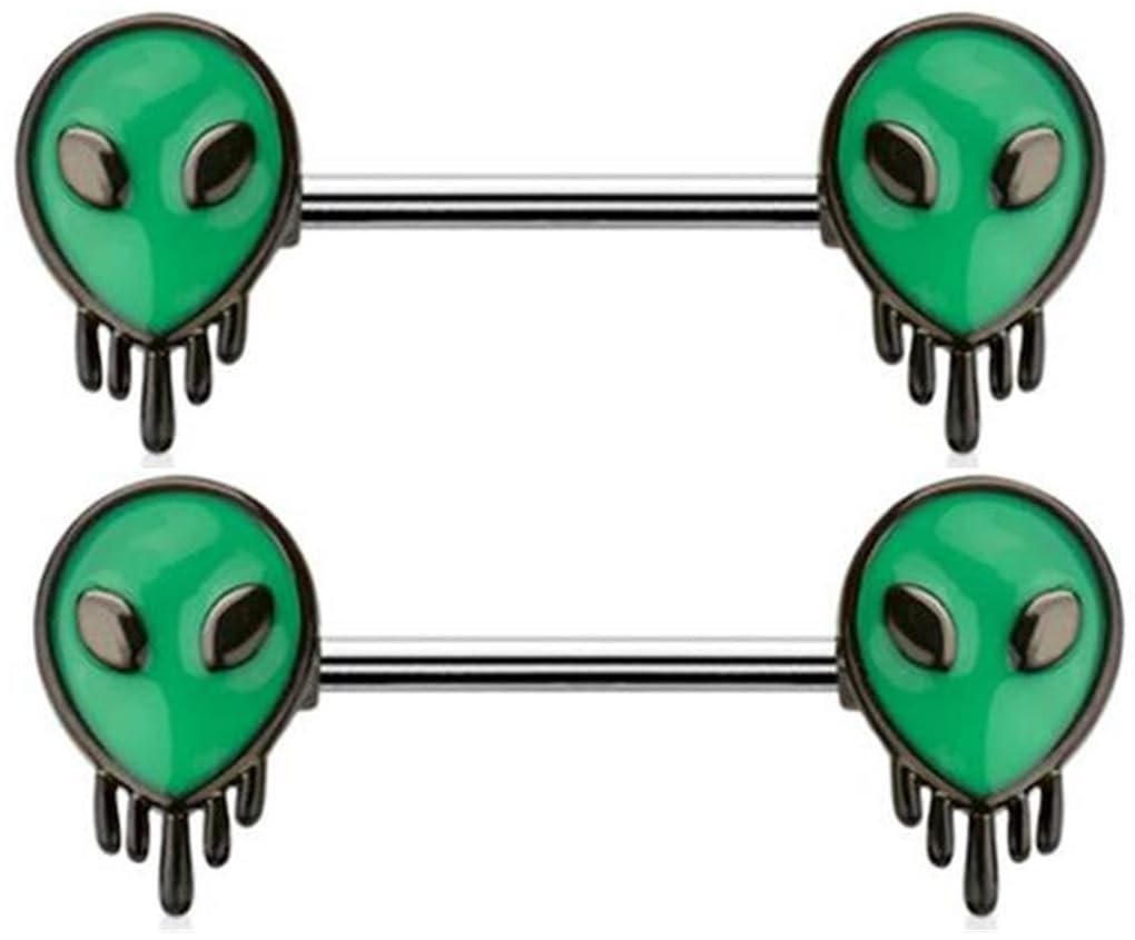 Body Accentz Alien Face Melt Nipple Ring, 14 Gauge, 9/16 Inch Length, 316L Surgical Steel, Black