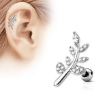 Body Accentz Tragus Paved Leaf 316L Surgical Steel Cartilage Barbell Stud Earring