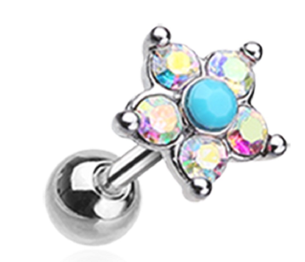 Tragus starburst Turquoise Sparkle Flower Cartilage Tragus 16g 1pc