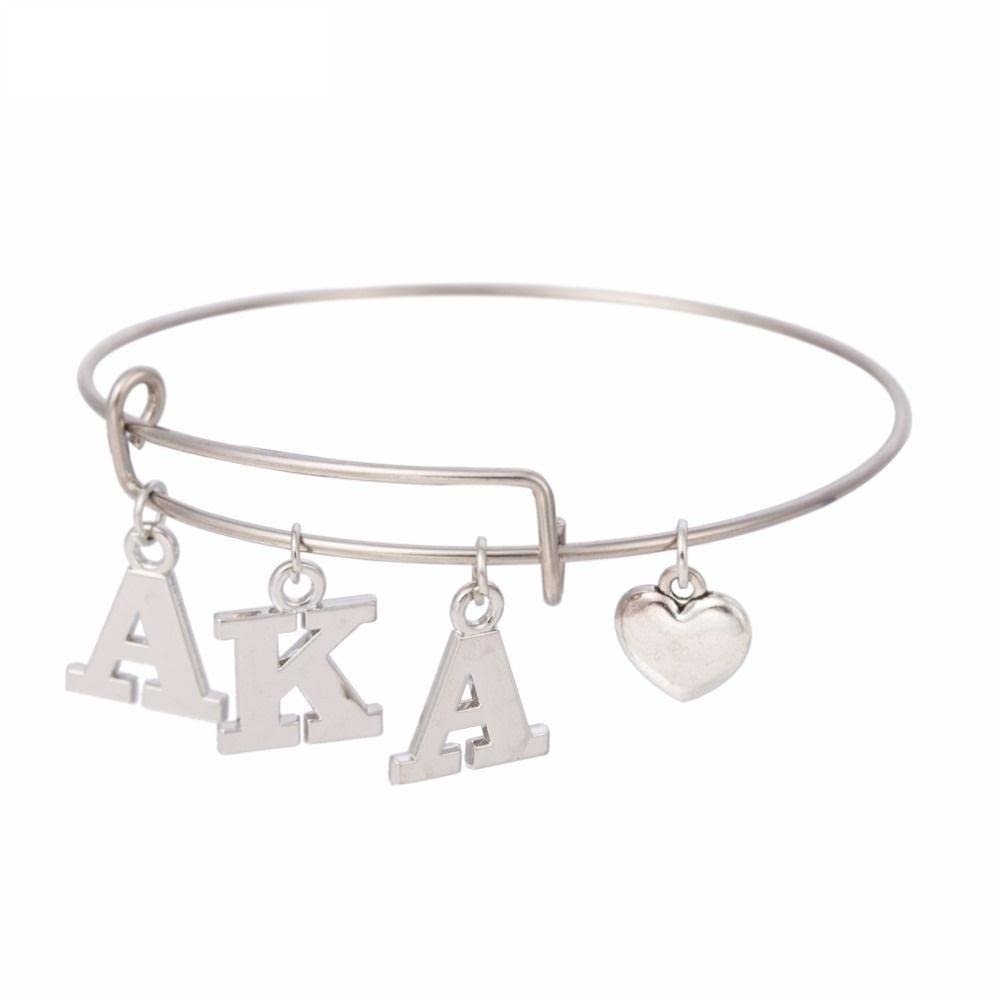 Body Accentz Sorority Letter Charms Love Stainless Steel Bangle Jewelry Wire Bracelet Silver Tone