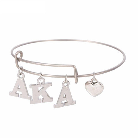 Body Accentz Sorority Letter Charms Love Stainless Steel Bangle Jewelry Wire Bracelet Silver Tone