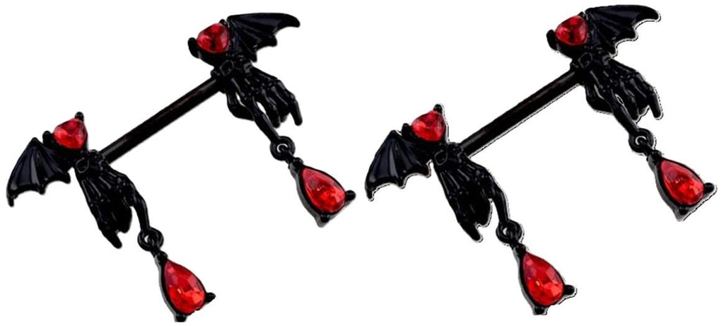 Body Accentz Gothic Bat Wing Nipple Ring with Red CZ Teardrop Dangle, 316L Surgical Steel, 14GA, 9/16" Length, Black