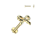 316L Internally Threaded Flat Back Labret Ribbon Bow Top 16GA Goldstone