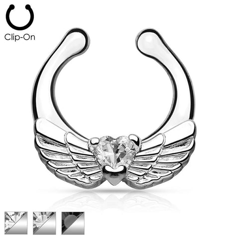 Angel Wings with Heart CZ Non-Piercing Septum Hanger Ring Non Pierce
