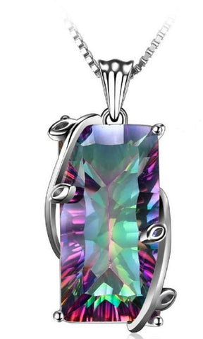 16ct Natural Fire Rainbow Mystic Topaz Necklace Charm 925 Sterling Silver Bale Vintage Fashion Women Jewelry Stainless Rope Chain