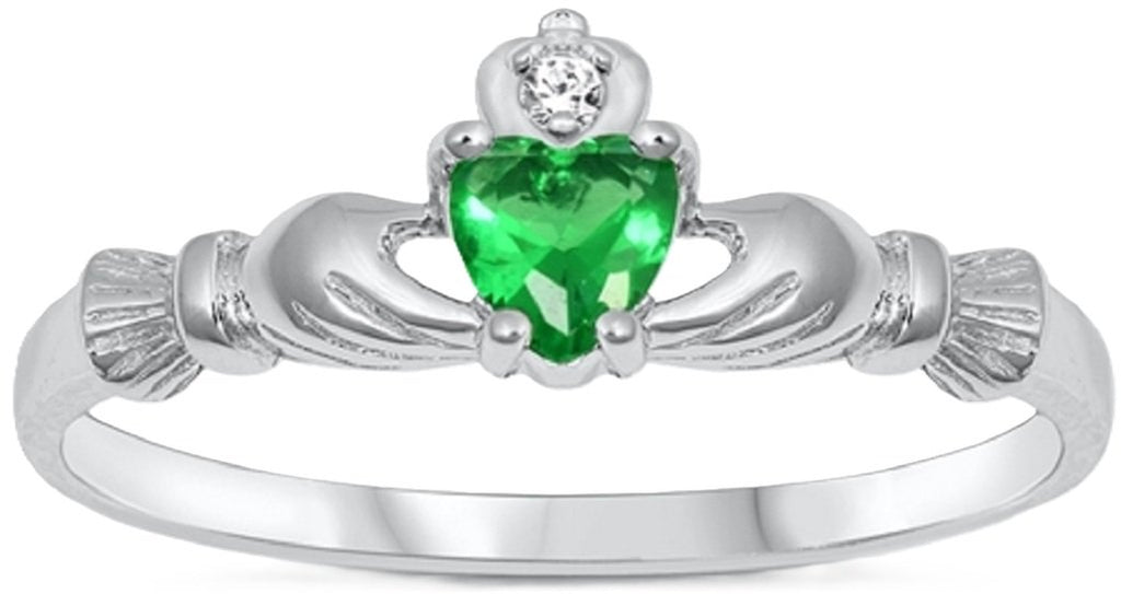 STERLING SILVER RING W/CZ Faux Emerald Claddagh Ring ring sizes available