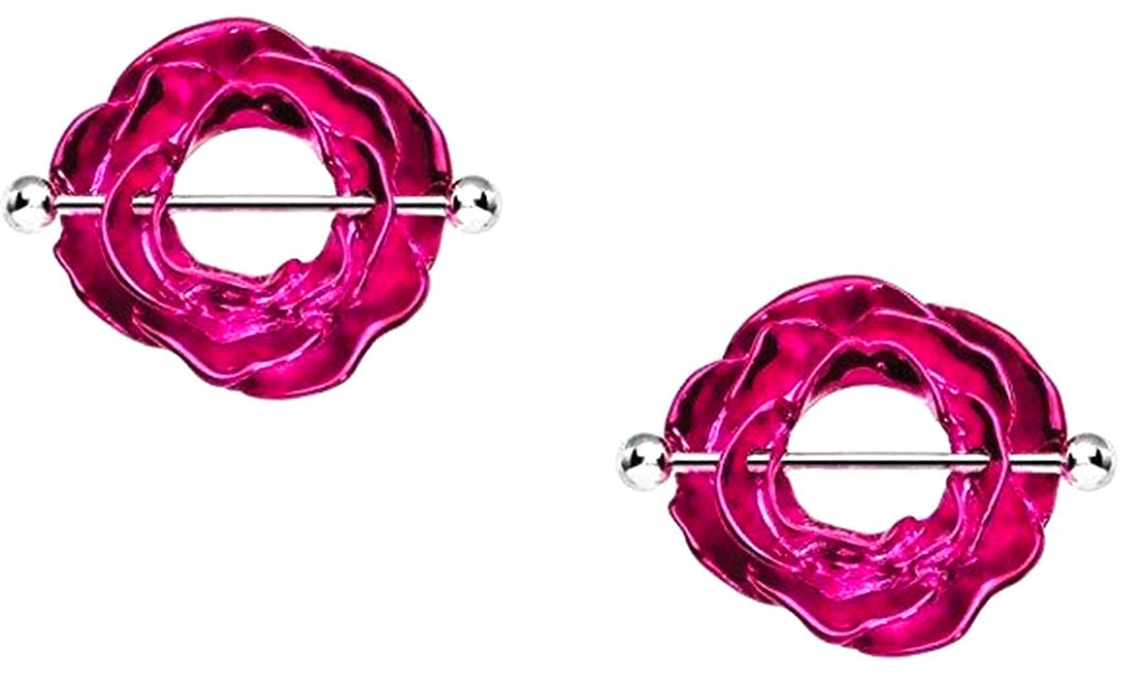 Body Accentz Nipple Shield Rings Barbell Blooming Rose Sold as a Pair 14g