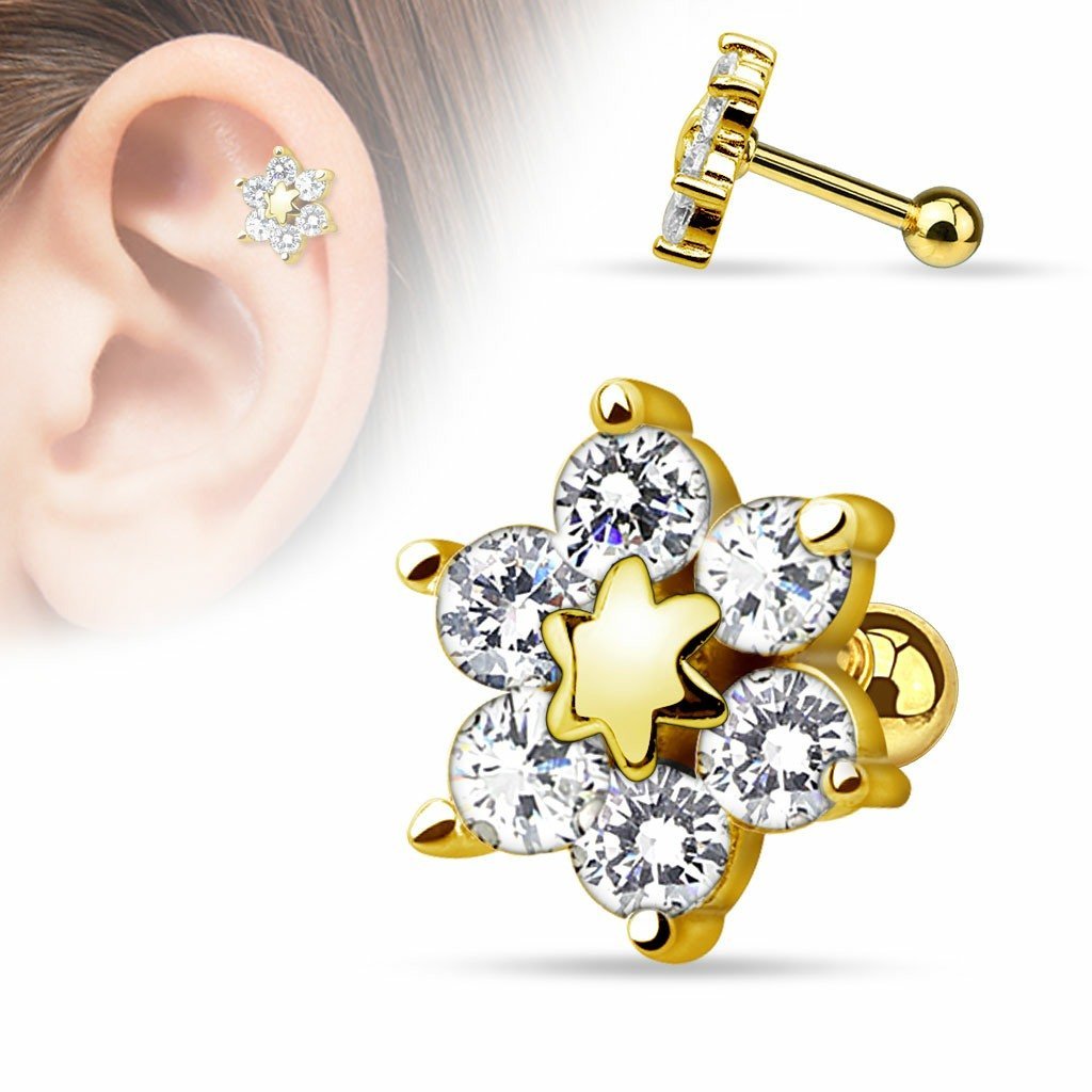 Tragus 6 CZ Flower 14Kt. Gold Plated 316L Surgical Steel Cartilage Barbell 16g