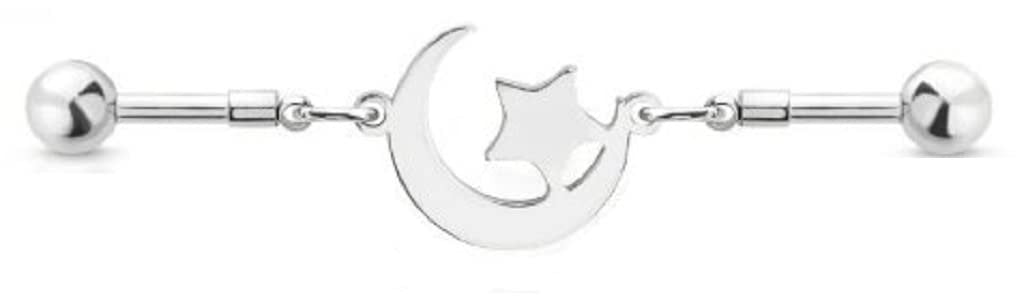 Body Accentz 14G Stainless Steel Helix Cartilage Earring Crescent Moon with Star Link Industrial Barbell 1 1/2"