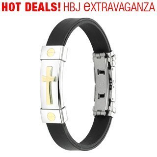 316L Stainless Steel Gold Plated Cross ID Plate Rubber Bracelet 7.25" 10MM wide