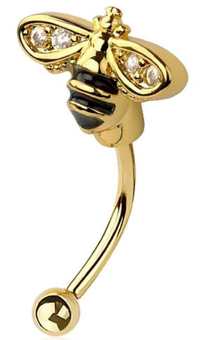 316L Surgical Steel Curved Barbell Eyebrow Ring with CZ Bee Design, 16GA 5/16 Inch, Silver and Gold, Ball 3mm