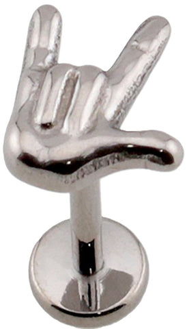 Rock On Sign of the Horns Labret Stud, Implant Grade Titanium, 18G, 5/16" Length, 3D Hand Gesture Style