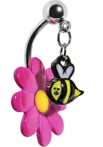Steel Pink Dangle Bumble Bee Flower Navel Bar Belly Button Rings Body Jewelry