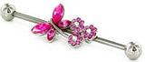Industrial bar 14g 1.5'' Barbell with Pink Butterfly and Flowers [Jewelry]