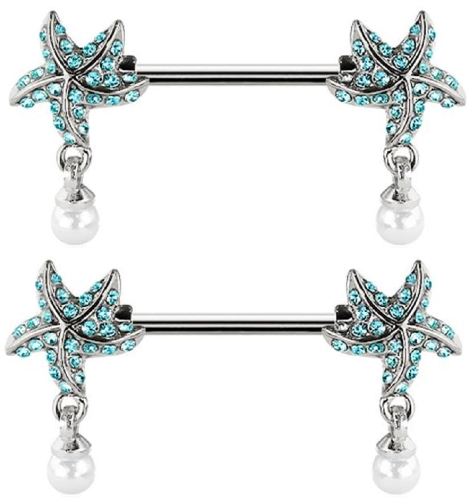 Surgical Steel Nipple Ring, Aqua Crystal Star with Pearl Dangle, 14 Gauge 9/16 Inch, 316L Stainless Steel Body Jewelry