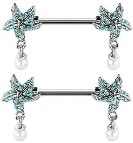 Surgical Steel Nipple Ring, Aqua Crystal Star with Pearl Dangle, 14 Gauge 9/16 Inch, 316L Stainless Steel Body Jewelry