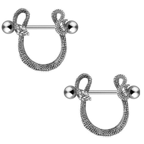 Body Accentz™ Nipple Ring Bars Shield Entwined Snake Body Jewelry Pair 14 gauge