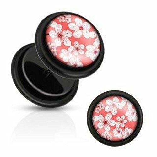 Black Acrylic Fake Plug with Cherry Blossoms Over Inlay with O-Rings - Sold as a pair clear 16g 1/4" 10MM