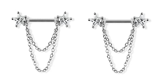 Body Accentz Nipple Rings 316L Stainless Steel Double Star Prong Setting Shield Bar Chain