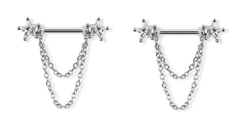 Body Accentz Nipple Rings 316L Stainless Steel Double Star Prong Setting Shield Bar Chain