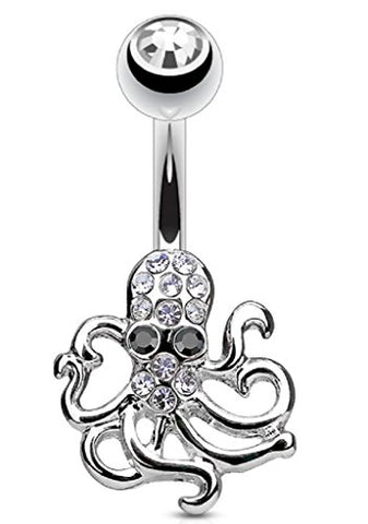 Belly Button Ring Crystal Paved Octopus Navel Rings 316L surgical Steel 14g 3/8''