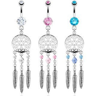 Body Accentz&reg; 316L Surgical Steel Dream Catcher Web with Crystal Bead Based Feathers Fancy Navel Ring Body Jewelry Dangle 14 Gauge Belly Button Ring