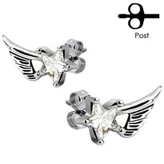 Pair of 316L Surgical Stainless Angel Wings with Clear Star CZ Stud Earring