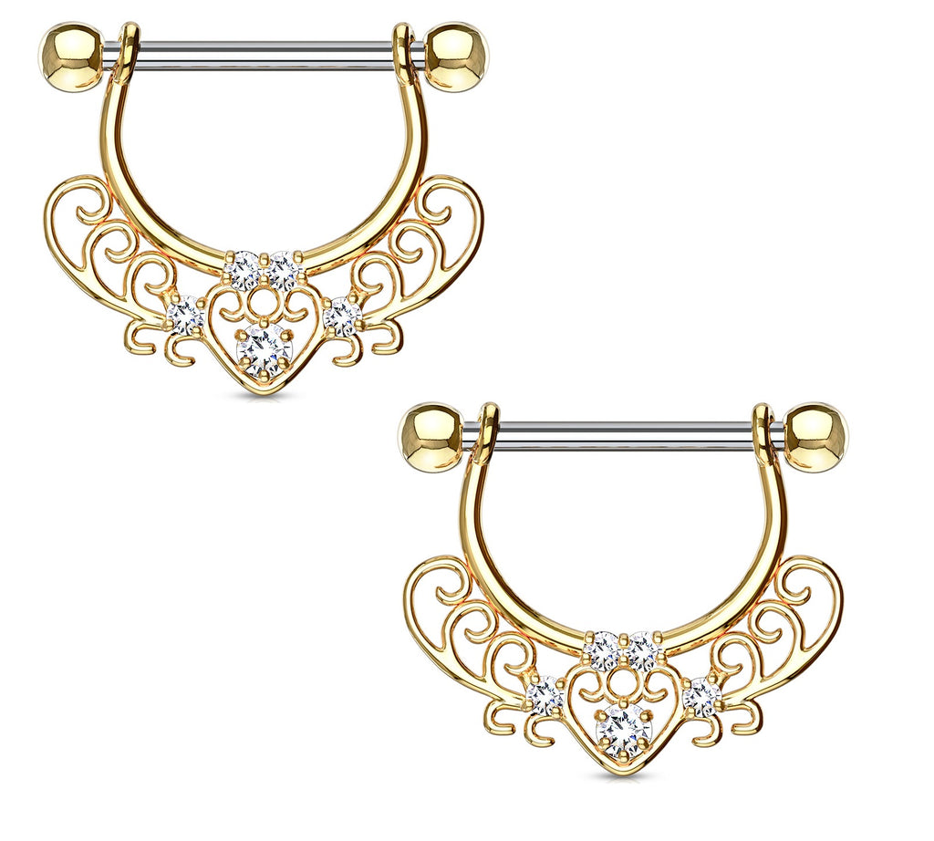 Nipple rings CZ Set Center Heart Filigree Dangle 316L surgical Steel [Goldtone]