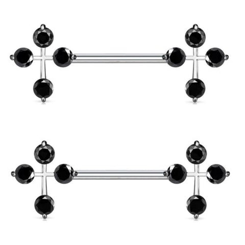 Nipple Bar Princess CZ Cross Ends Sparkle Barbell Ring Sold as pair   [Black]