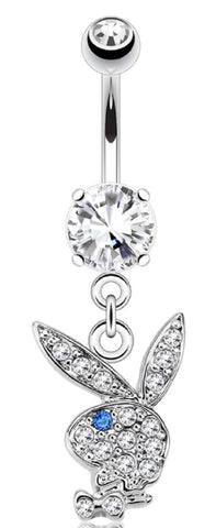 Belly Button Ring Multi Paved Gems on Playboy Bunny Dangle 316L Surgical Steel N [Blue] - Blue