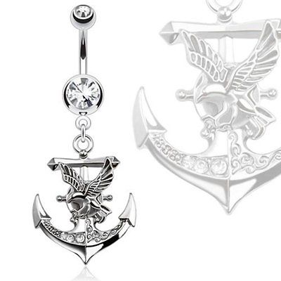 Belly Button Ring  Steel Gemmed Anchor with Eagle Dangle Navel Ring 14g