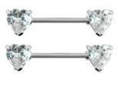 Nipple Ring Bars CZ Heart Body Jewelry Pair 14g 1/2" 316L sold as a pair