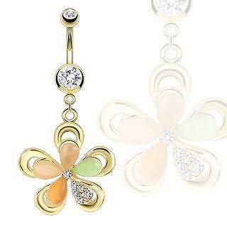 316L Surgical Steel Gold IP Flower with Cateye Gems and CZ Petals Navel Ring