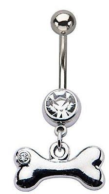14g 7/16's Navel with Clear Gem Dog Bone Dangle Charm Belly Button ring
