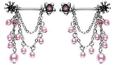 Nipple Ring Bars Dangle Pearl Beads Body Jewelry 14 Gauge Sold As Pair
