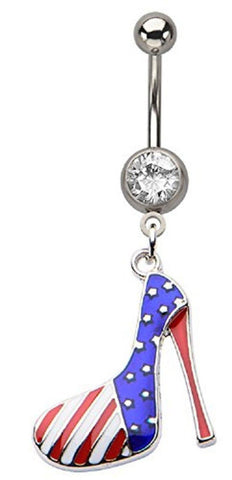 Belly Button ring 14g 7/16 Navel with Clear Gem American Flag High Heel Shoe