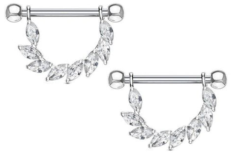 Nipple rings Marquise CZ Bridge Dangle  316L Surgical Steel 14g [silvertone] - silvertone