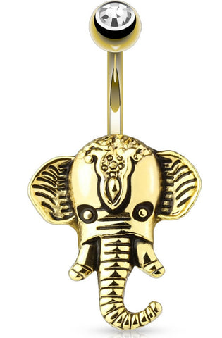Belly Button Ring 14g 3/8 14kt Gold Plated Elephant Head 316L Surgical Steel Navel Ring