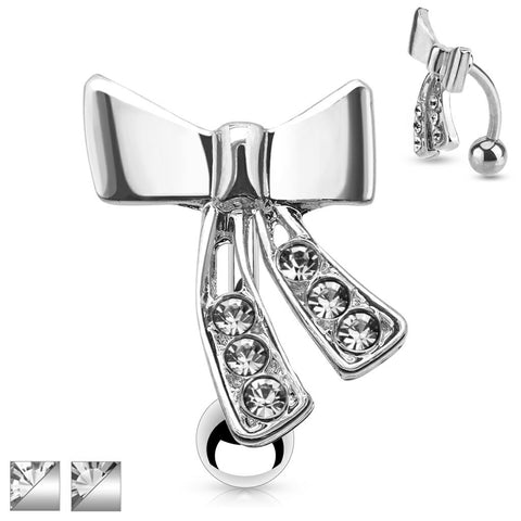Belly Button Ring 14g 3/8 Top Down CZ Ribbon 316L Surgical Steel Navel Ring Bow