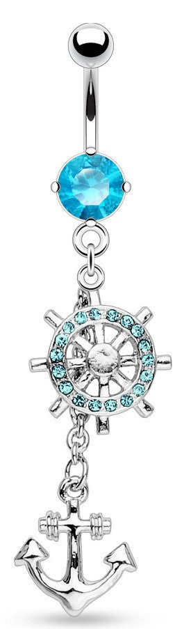 Belly Button Ring Wheel and Anchor Gem Paved Dangle with 316L Surgical Steel Navel Rings