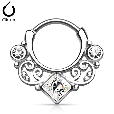 Lace Swirl Gem w/ Square CZ Center Septum Clicker 16g