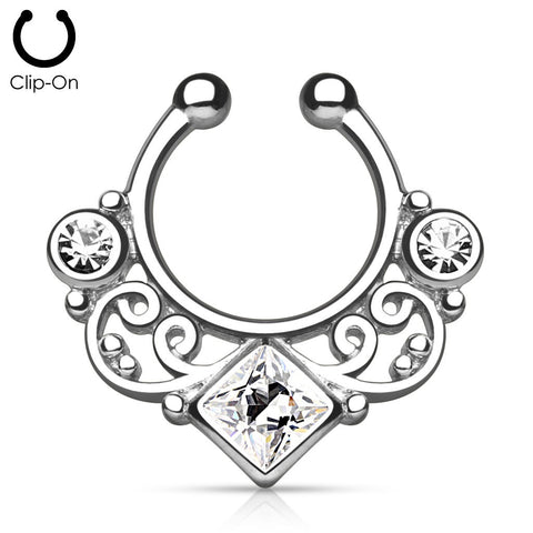 Lace Swirl Gem w/ Square CZ Center Non-Piercing Septum Hanger