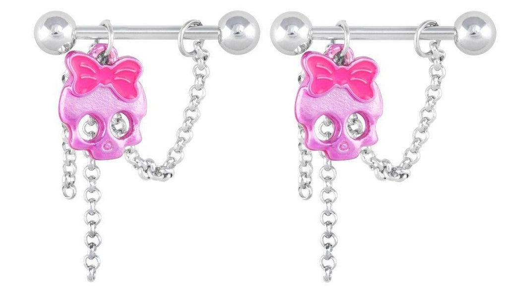 Nipple Shield Rings barbell barbells Cute bright pink skull sold as a pair 14g
