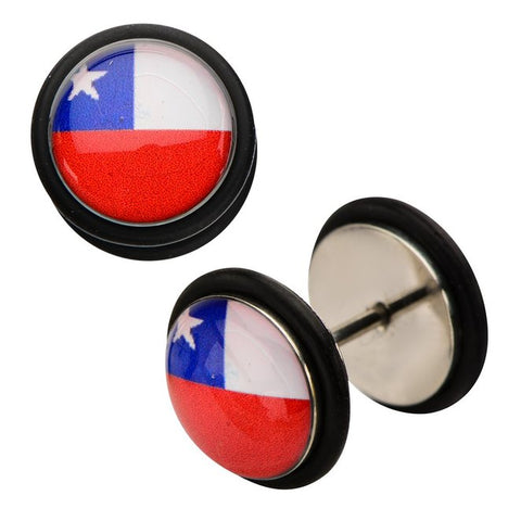 Earrings Rings 18g 5/16 Steel Faux Plug with Chile Flag Logo Fronts. Pair