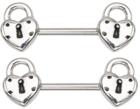 Nipple Ring Double Heart lock bar body Jewelry sold as Pair 14g 9/16''