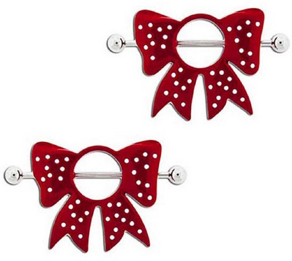 Nipple Ring Bars Red Bow Shield Body Jewelry Pair 14 gauge Body Piercing