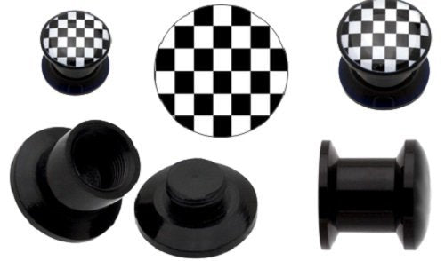Earrings Black Acrylic Checkered Flag Stash Screw Plug 8 gauge - Sold as pair